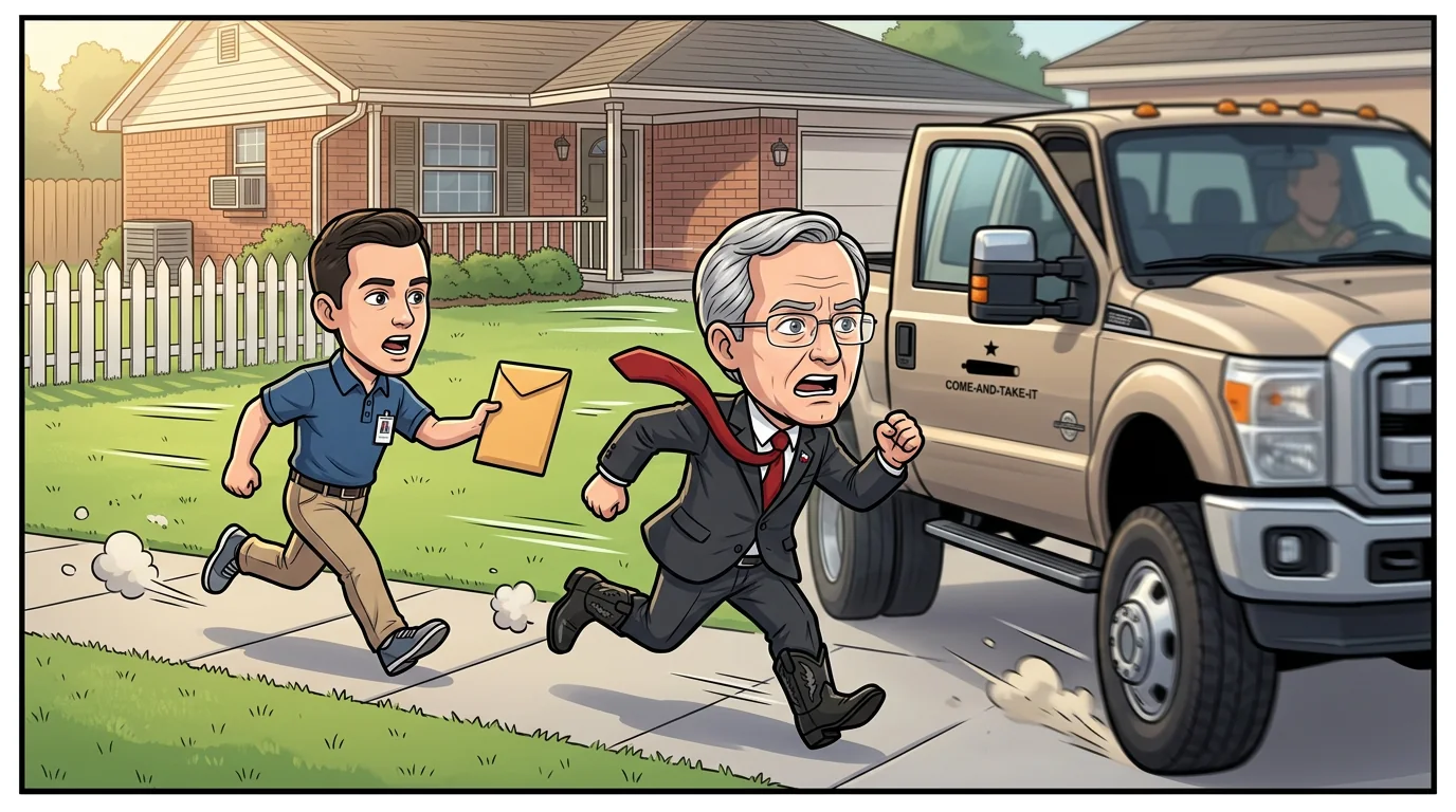 Paxton sprints across a lawn toward a waiting pickup while a process server holds out an envelope.