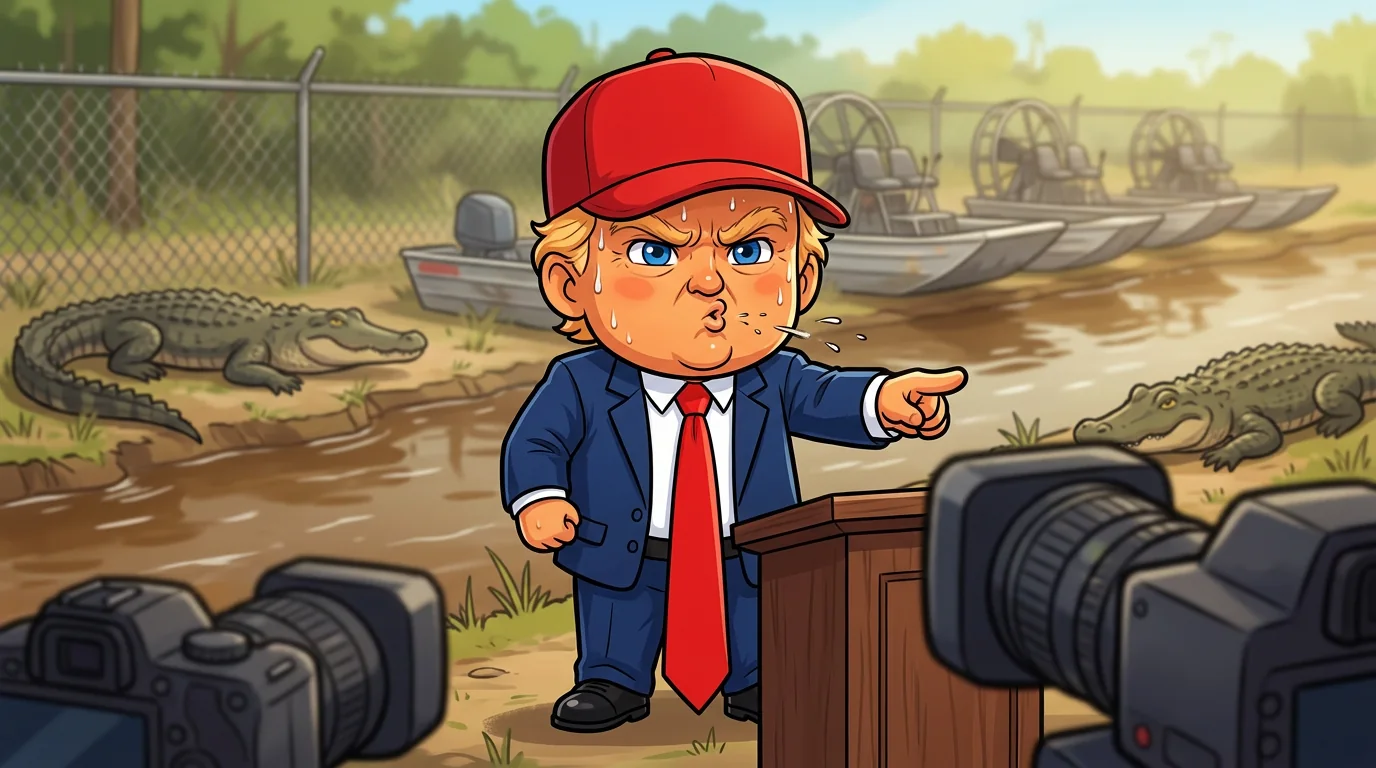 Trump jabs a finger at a camera at an outdoor podium in front of a swamp and airboats.