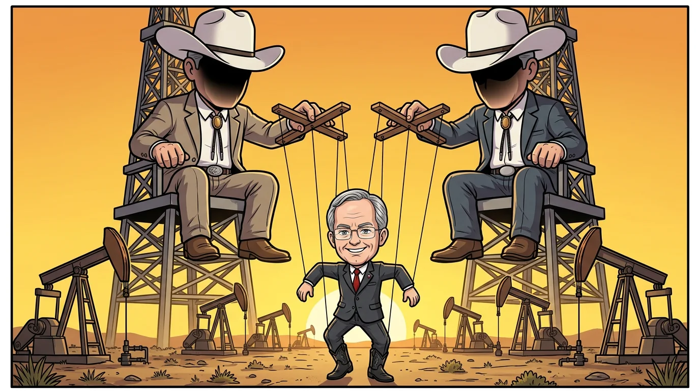 Two faceless billionaires in Stetsons atop oil derricks work Paxton like a marionette.