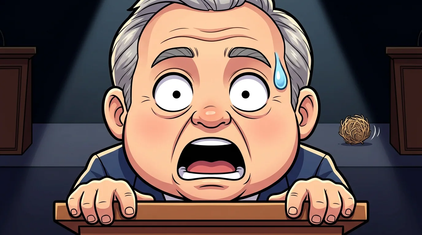 Close-up: Rogers frozen at his podium, jaw hanging open, a bead of sweat, a tumbleweed rolling past.