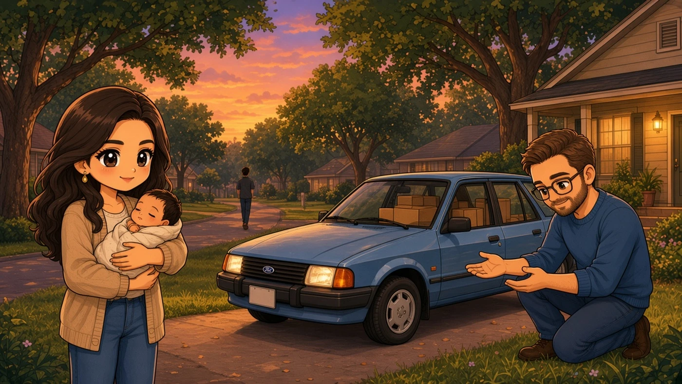 A young mother holds her newborn beside a packed Ford Escort while a man kneels by the car.