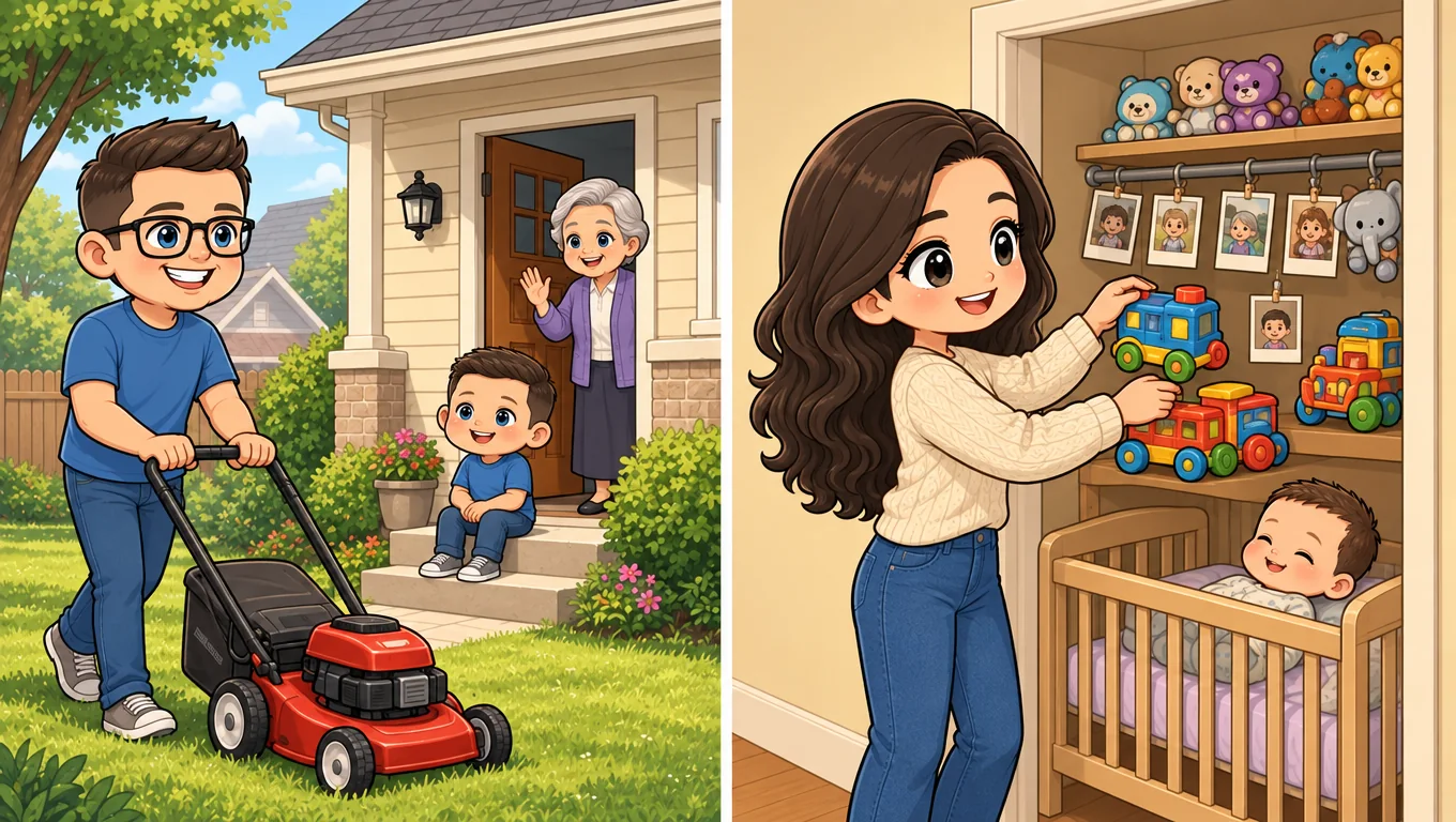 A dad mows the lawn while an elderly neighbor waves and a little boy watches; a mother decorates a crib tucked in a closet.