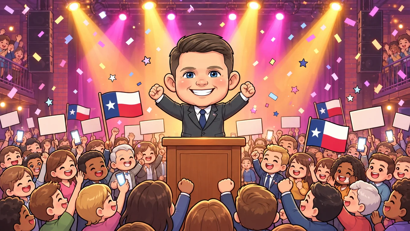 Talarico raises both arms on a stage as a crowd cheers on primary night.