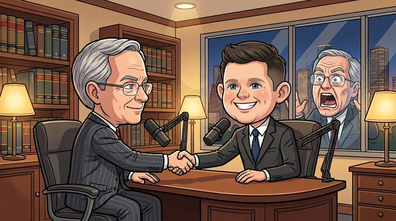An older defense lawyer shakes Talarico's hand at a podcast desk while Paxton presses his face to the window in shock.