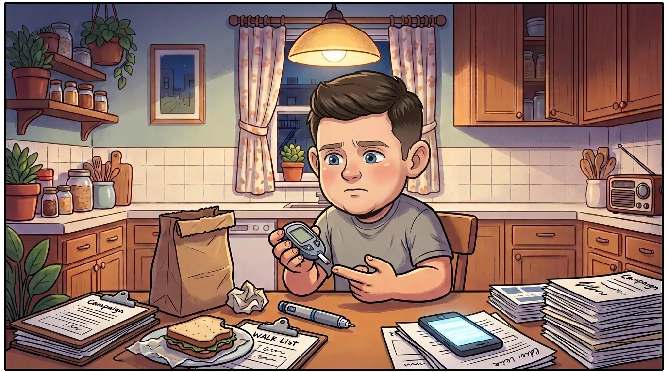 Talarico checks his blood sugar at a kitchen table covered in campaign walk lists.