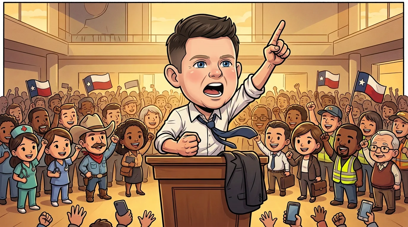 Talarico, sleeves rolled up, pounds the podium at a packed rally of working Texans.