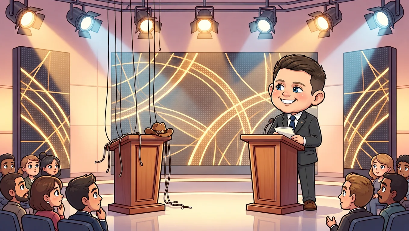 Talarico waits at a debate podium beside an empty one with puppet strings dangling onto it.