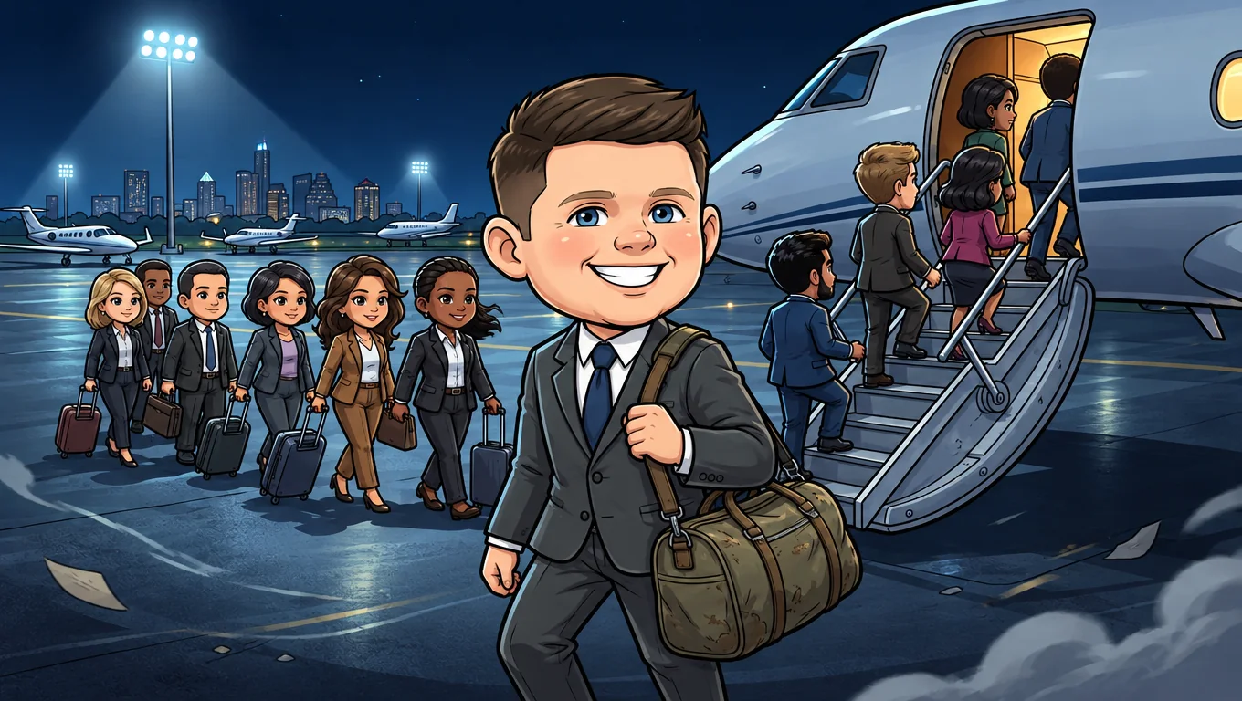 Talarico turns back on the stairs of a chartered jet at night as other Texas Democrats board.