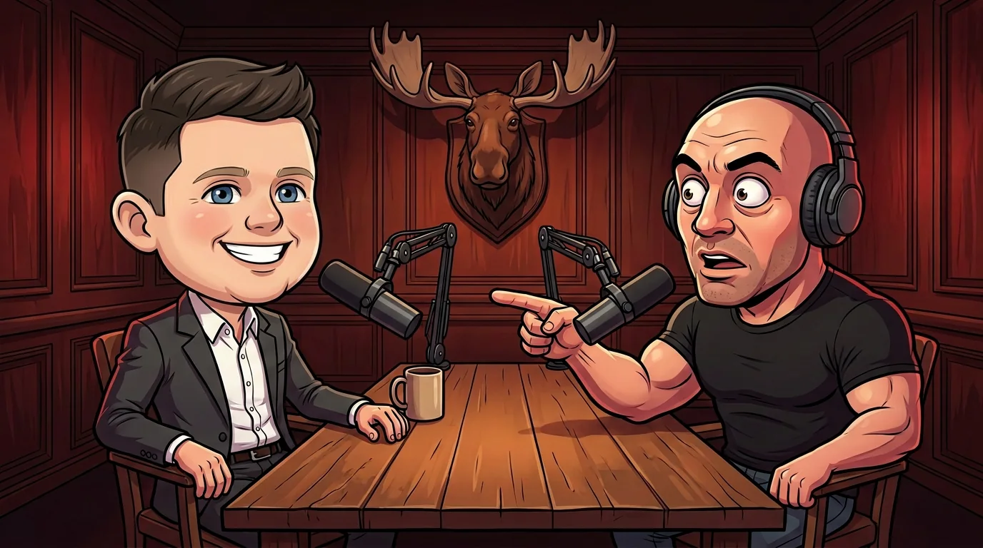 A bald podcast host leans across the microphones, impressed, as Talarico laughs.