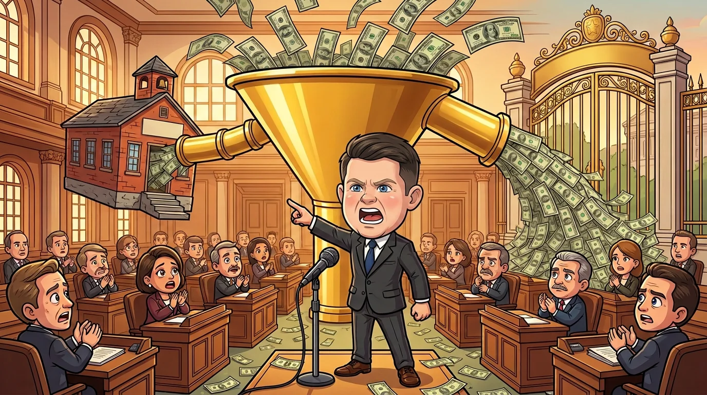 Talarico at a House floor microphone points at a giant golden funnel draining money from a public school into a private academy.