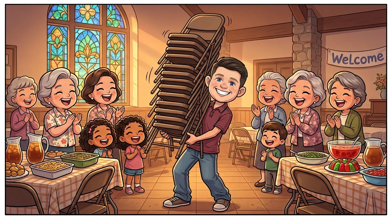 A lanky teenage Talarico carries a too-tall stack of folding chairs at a church potluck while church ladies cheer.