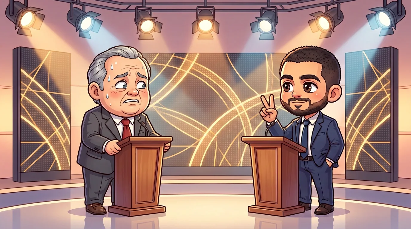 At the debate, El-Sayed holds up two fingers to the camera while a sweating Rogers grips his podium.